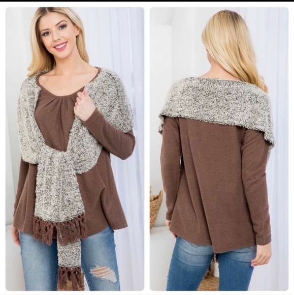 Ryu Long Sleeved Brown Top w/ Attached Scarf Shawl White & Black w/ Brown Medium - Picture 14 of 16